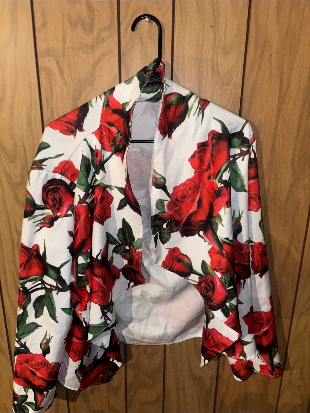 Women's White Blazer with Red Rose Print